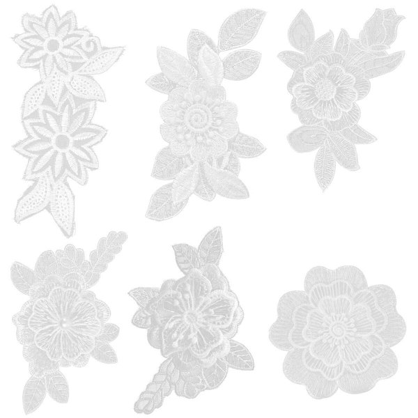 6 st Vita Broderade Vackra Spetsblommor Applikationer DIY Sömnadshantverk