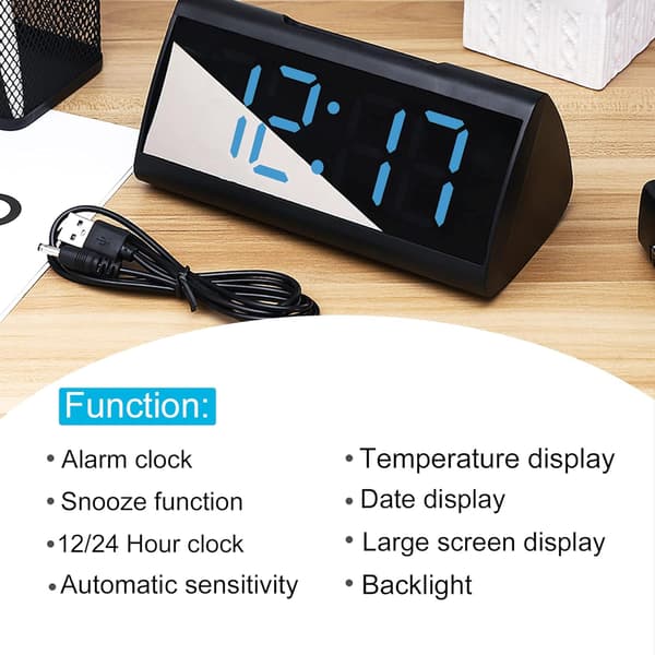*Digital väckarklocka för sovrum 6,4\" Stor LED-spegelskärm 2 Br*