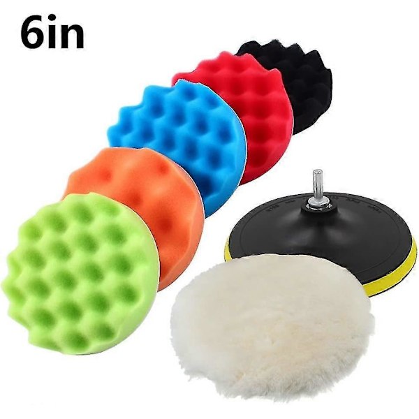 7 stk. 6-tommers svamp polering voksing poleringsmiddel bilsett + M14 adaptersett borbit (6 tommer)