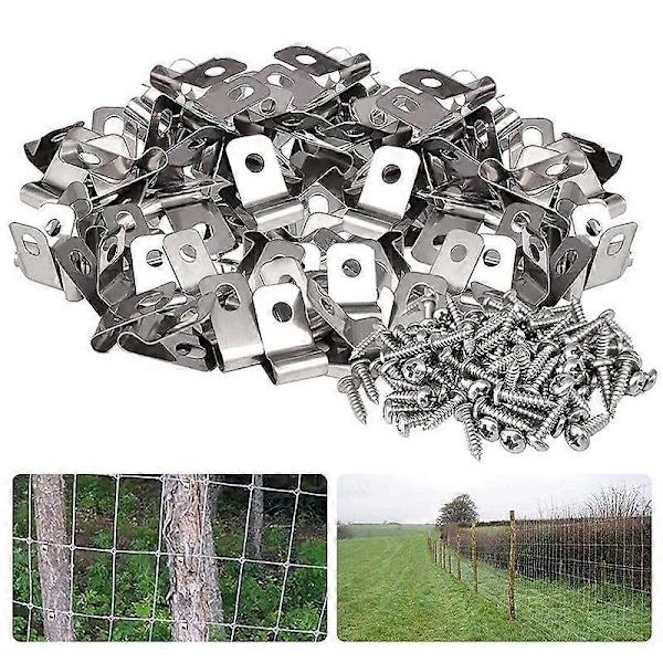 100 stk. Hegnclips til landbrug Trådnet Klammer Rustfri stålclips med skruer Stålkabelklemme Trådnetclips Fastgørelsesclips til træ metal eller vinyl