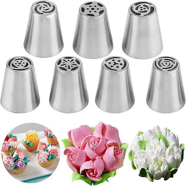 Blomsterformet kakepyntdyse-sett i rustfritt stål, kjøkkenutstyr for dekorering av kaker, cupcakes og kjeks (7 deler)