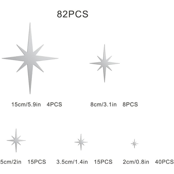 82 stk 3D Stjerne Veggklistremerker Sølv Avtakbare Vegg Speil Klistremerker