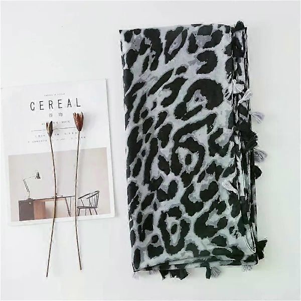 Dam Chic Leopard Djurmönstrad Sjal Mode Klassisk Bomull Linne Sjal Med Tofs Lång Varm Strand Sjal Stola Alla Säsonger