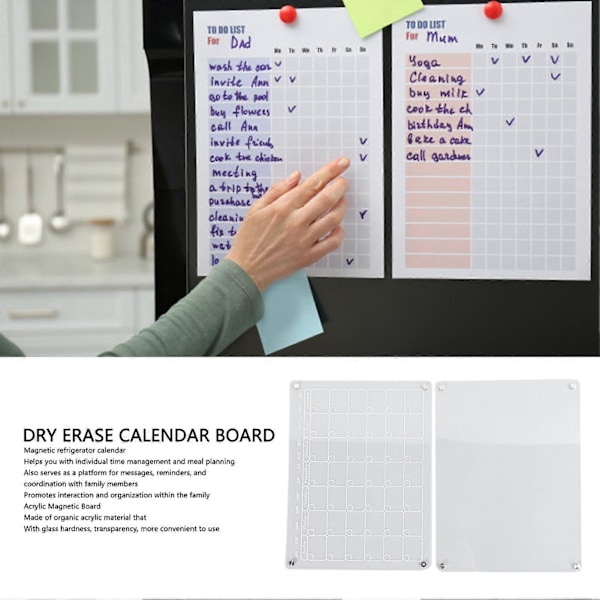 2 st Magnetisk Akrylkalender för Kylskåp 40x30cm Tidsplanering Kylskåp Månadsvis Whiteboard för Planering