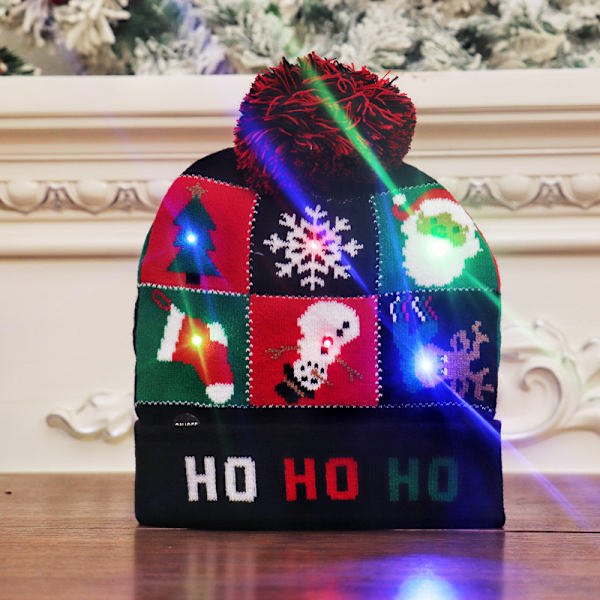 #(Sort) Julehat, LED Hat Lysende Strikket Hat Farverig#