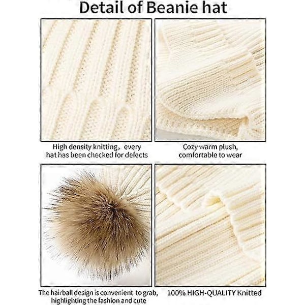 Vinterhuer til kvinder - Beanies dame vinterhue med imiteret pelskvast Varm strikket hue Tyk beanie hue