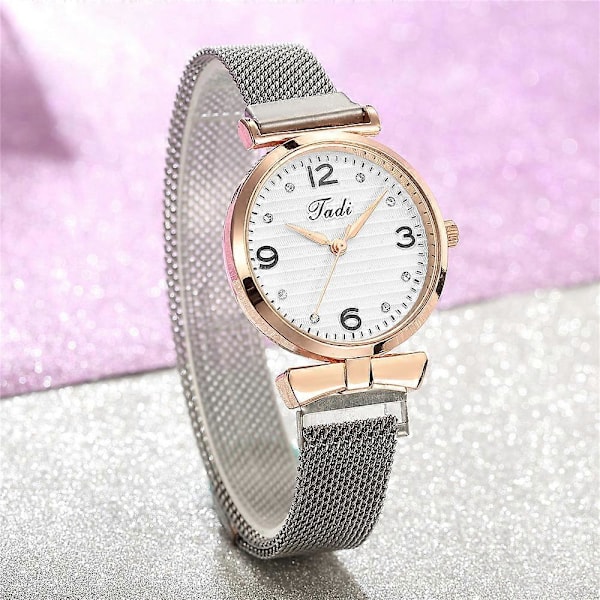 Magnetklokke for kvinner, diamantarmbåndsur, roségull med hvit urskive