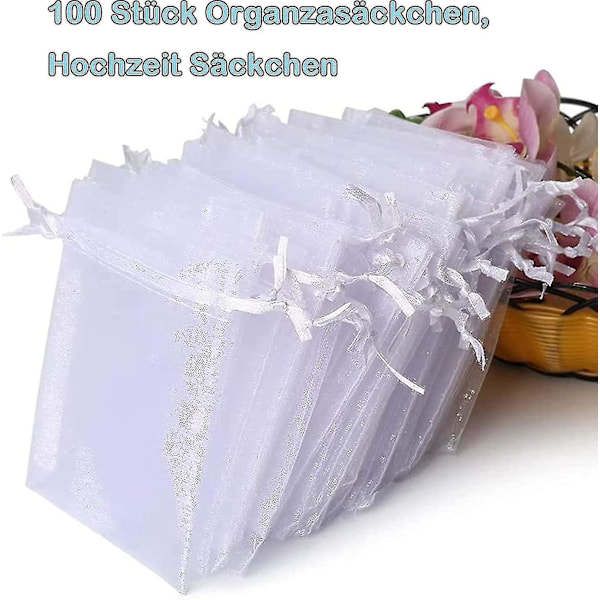 Pakke med 100 hvide organza-poser, 7 x 9 cm, organza-gavepose, smykkepose, bryllupsposer, lavendelposer, bryllupsgave