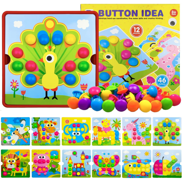 Mosaikleksaker - 12 kort och 46 knappar (skogsdjur), barn