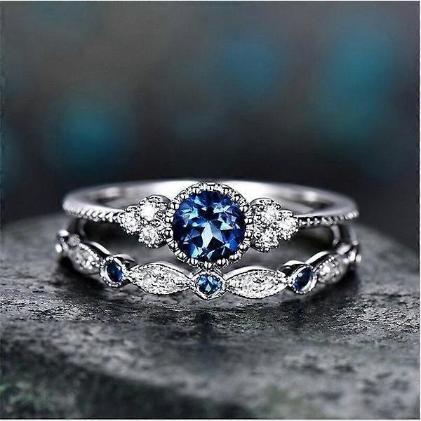 Kærlighedsringe Vielsesringe 2 stk./sæt Kvinder Cubic Zirconia Indlagt Stabelbar Fingerring Bryllupssmykker Gave - Blå US 7