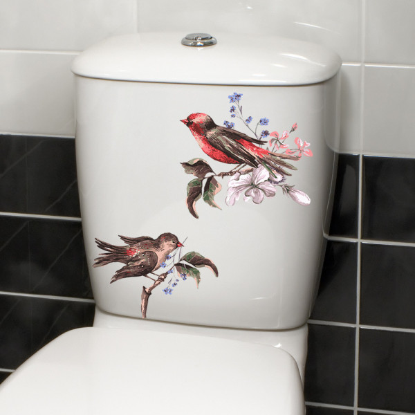 #Blomster og fugle PVC badeværelsestoiletklistermærke, 30x30cm#