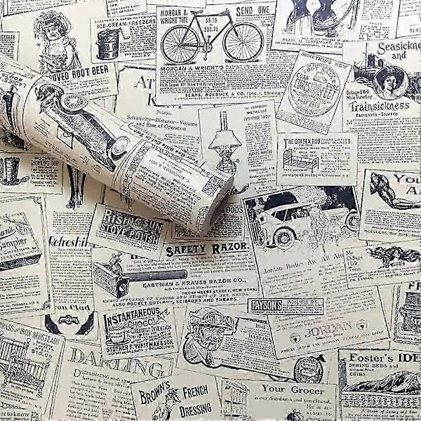 Vintage itseliimautuva tapetti, itseliimautuva kuori ja kiinnitä -tapettipaperi, sanomalehti, 45 cm x 10 m