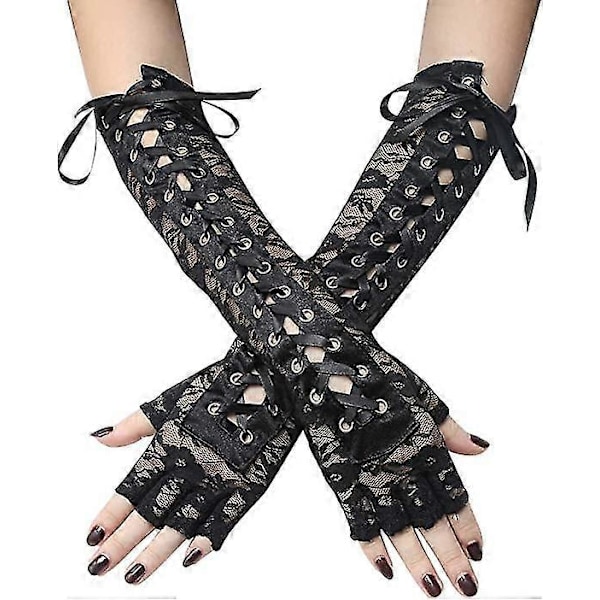 Steampunk Hansker Snøring Fingerløse Hansker Justerbare Lange Hansker For Kveldsfest (1 par, Svart)