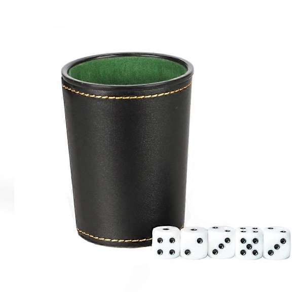 5-pack Svarta Tärningskoppar i Läder (8,9 x 7,6 cm) med Färgglad Sammetfodrad Insida och 25 Matchande Färgglada Tärningar