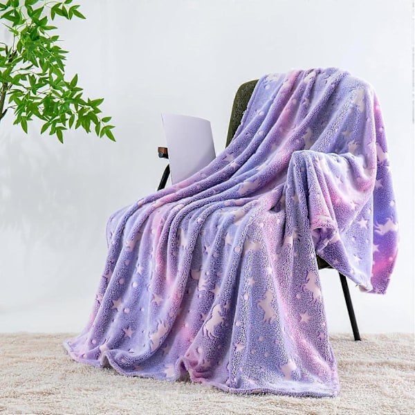 Pimeässä hohtava yksisarvispeitto lapsille, 150 x 180 cm Pehmeä yksisarvispeitto lahjaksi pojille ja tytöille, violetti, 150 x 180 cm