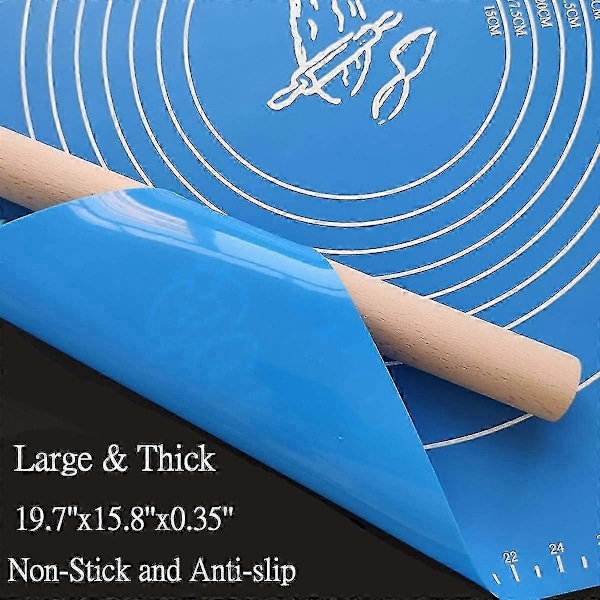 19,7'x15,8' Non-stick og skridsikker silikone bageunderlag 50x40cm fondantunderlag dejrulleunderlag med måleenheder BPA-fri (blå)