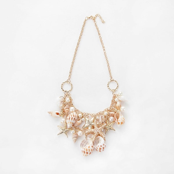 Halsband med snäckor, choker, halsband med sjöjungfrusvans - Trendigt snäckskal, sjöstjärna, konstgjord pärla, krage, bib-halsband, statement, chunky halsband, hänge