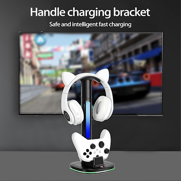 Spillkontrollerlader RGB Fargerikt Lys Avtakbar Headset Oppbevaringskrok Skrivebordsdisplay Ladestasjon for Xbox One/Series X
