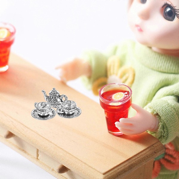 1 Set Mini Metall Tekannor Miniatyr Tekanna Staty Mini Kök Rekvisita Simulerade Tekannmodeller med Tekopp