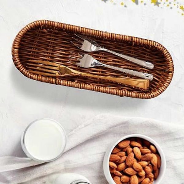Imiteret Rattan Brødkurv Multifunktionel Vævet Rattan Opbevaringsbakke Køkken Bestik Organizer til Hjem Restaurant