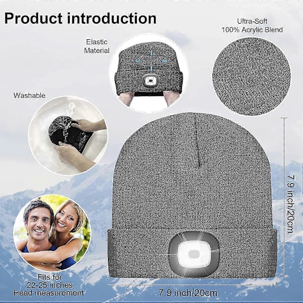 LED lysende strikket hue varm hue udendørs opladnings hue med pandelampe (Sort)