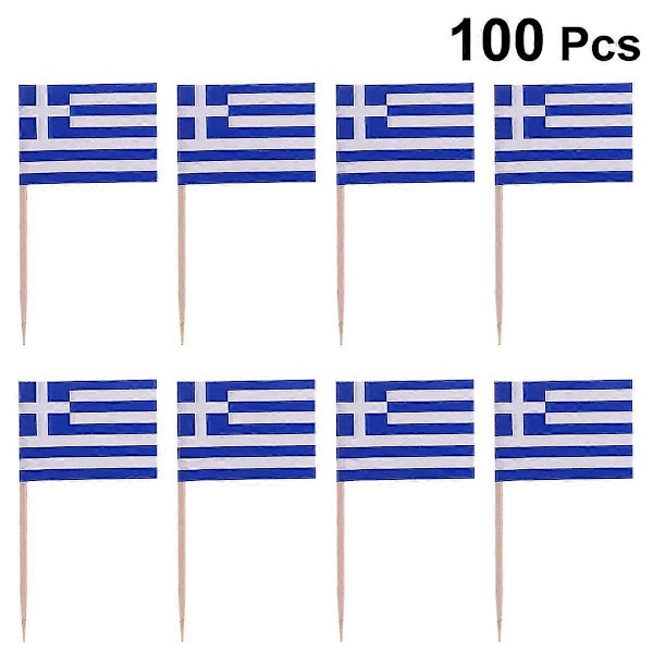 100 st Trätandpetare med Flagga Nationaldagsdekoration Cupcake Toppers Mat Tandpetare (Grekland)