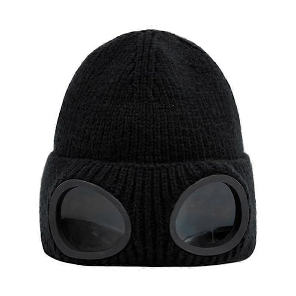 Hue med briller til mænd og kvinder - Unisex ensfarvet strikket skull cap - Sort