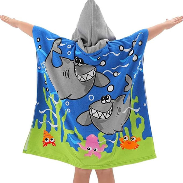 Badehåndklæde til børn (Blå haj 150x75cm), Børne Strandhåndklæde med hætte U
