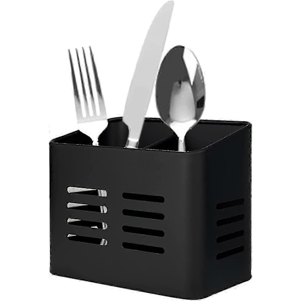 Bestikkboks i metall med rom, bestikkdryppebrett 9 x 16 x 13,5 cm, vertikal verktøyorganisator for kjøkkenbenk og bord (svart)