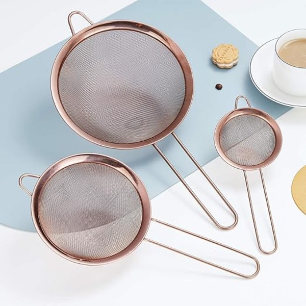 3 Pieces Set of Rose Gold Fine Mesh Colander, Copper Flour Sieve