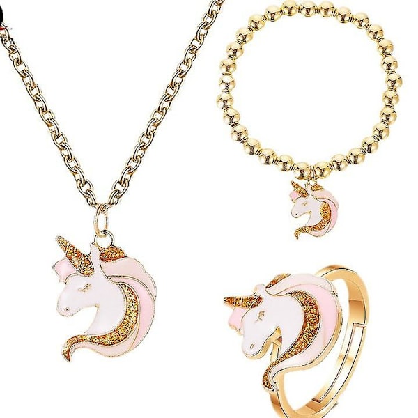 Unicorn Smykkesæt til Piger - Halskæde, Ringe og Justerbart Armbånd - Gaver til Piger