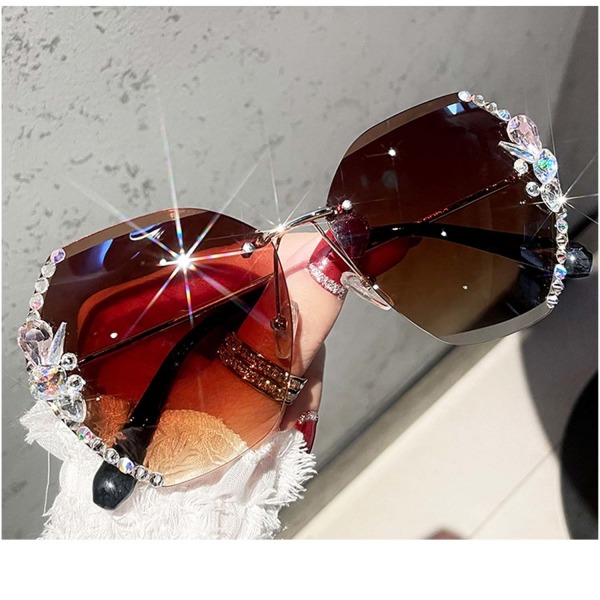 #Brune, Solbriller Vintage Randsløse Rhinestone Solbriller Kvinder Luksus#