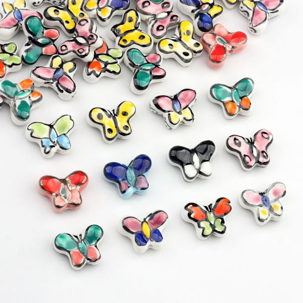 20 stk. Butterfly Porselenperler, Håndlagde Fargerike Butterfly Ch
