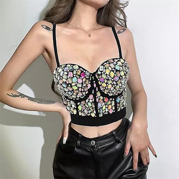 Strassikorsetti, rintaliivit, crop top, musta timantti, yökerho, rave, strassitopit, koruja naisille