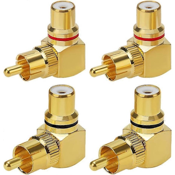 4 stk. RCA Rettvinkeladapter, 90 Graders RCA Hann til Hunn Adapter, RCA Vinkelplugg Adapter Gullbelagt for Stereo Audio eller AV Video (2 Røde +