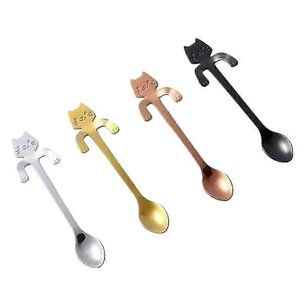4-pack Katt Sked Kaffe Tesked Set, Rostfritt Stål Hängande Kopp Teskedar Mini Lång Söt Kattunge Omrörningssked