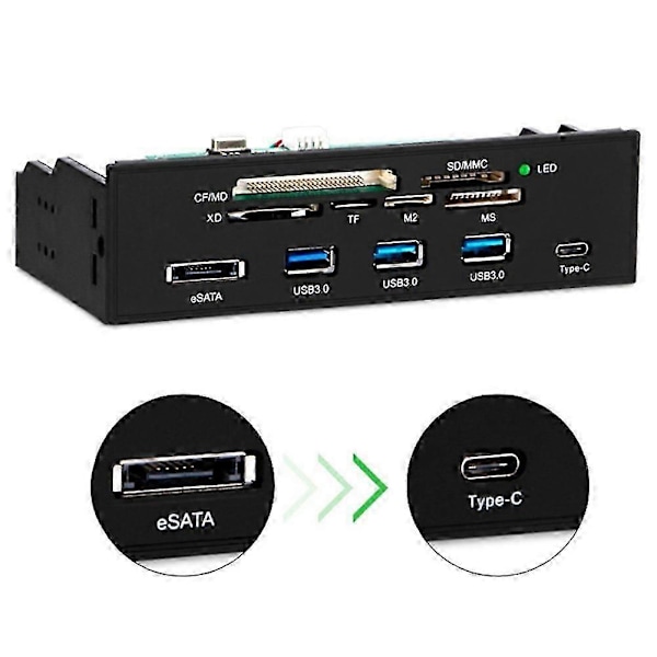 Multi-Port PC Frontpanel Internt USB3.0 eSATA Type-C TF SD Kortlæser Hub
