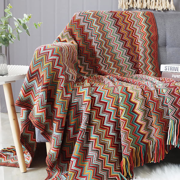 Strikkede tæppe med frynser, tæppe i houndstooth-mønster, boho