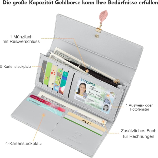 Grå - Plånbok för kvinnor, myntväska Stor checkhäfteshållare