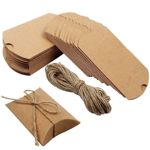 Kraftpapper Kudde Godisask, Vikbar Presentask med Jute Rep för Bröllop, Fester, Födelsedagar, Helgdagar, 50 st, 9*6*2.5cm