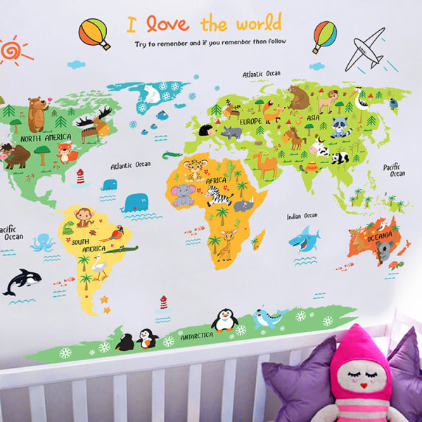 Animal World Map Children's Wall Decal (60 * 90cm), Jungle Wildl