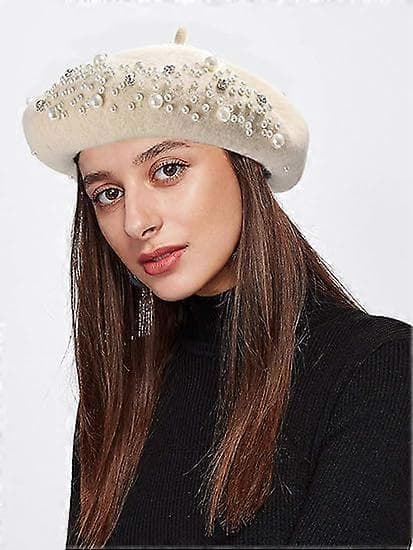 Dam Basker Pärlbroderad Strass Ull Vinter Varma Mössor Hattar Franska Konstnärshattar, One Size-Large