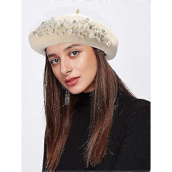 Dame Beret med Perler og Rhinestone Uld Vinter Varm Hue Fransk Kunstnerhat, One Size-Large