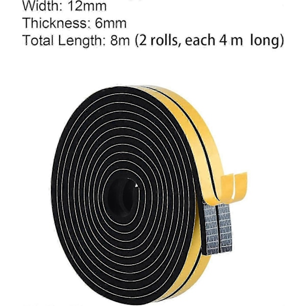 Selvklebende tetningslist av skumtape 12mm(B) x 6mm(T) 2 ruller, totalt 10M lang
