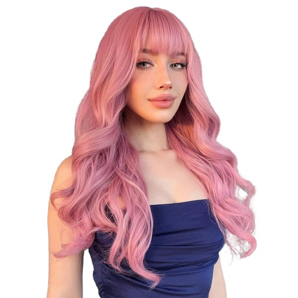 #Rosa lång lockig peruk med lugg, cosplay peruk#