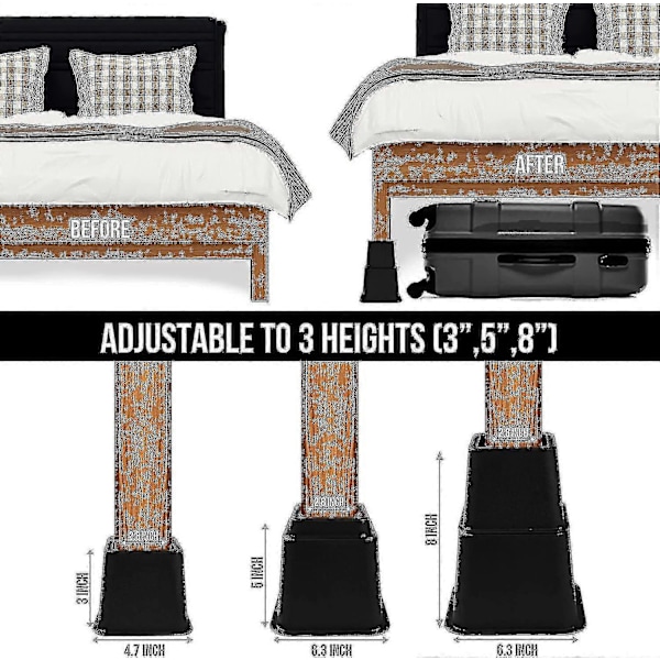 8 stycken justerbara möbelhöjare (4 höga och 4 låga) - Robust höjare med platsbesparande design - Sänghöjare, bordshöjare, stol eller soffa