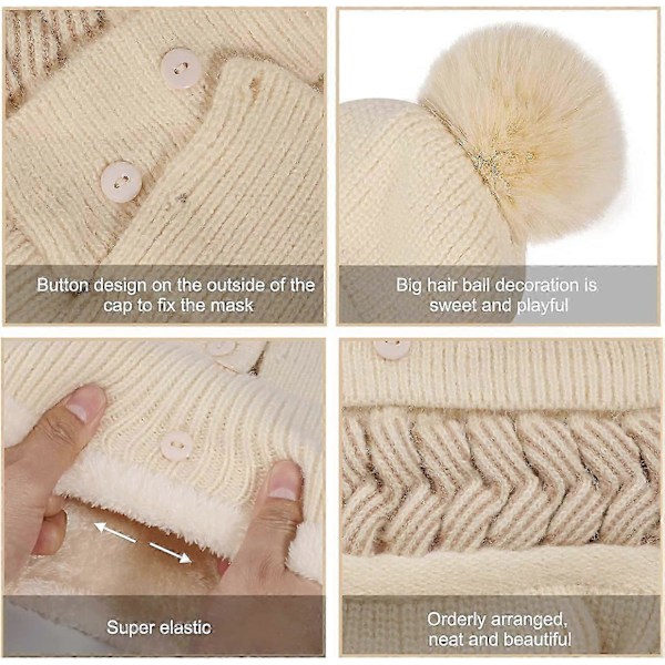 Dame Vinter Varm Strikket Hue Halsvarmer Sæt, Dobbelt Lag Fleeceforet Beanie Hue, Beige