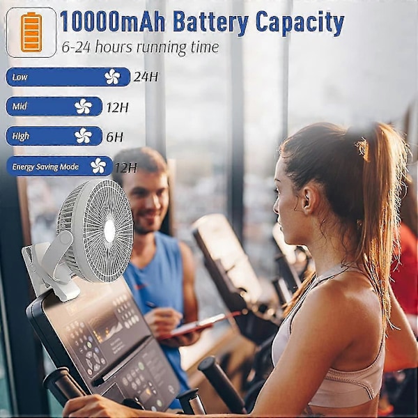 20 cm 10000 mAh akkukäyttöinen klipsikiinnitteinen tuuletin, kannettava USB-tuuletin, 4 nopeutta, tehokas ilmavirta, tukeva kiinnike, valkoinen