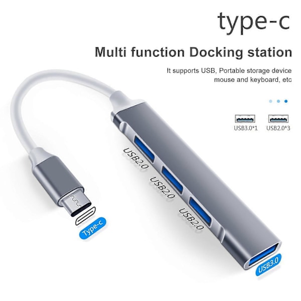 Multifunktionell Dockningsstation 4 Port USB-C Hub Plug And Play Höghastighetsdataöverföring Typ-C/USB3.0 till USB2.0 Multi Splitter Adapter Laptop Tillbehör