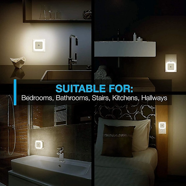 WABJTAM LED Natlampe Plug-in [6 Pakke] Smart Skumring til Daggry Sensor, Automatiske Natlamper, Egnet til Soveværelse, Badeværelse, Toilet, Trapper, Køkken, H